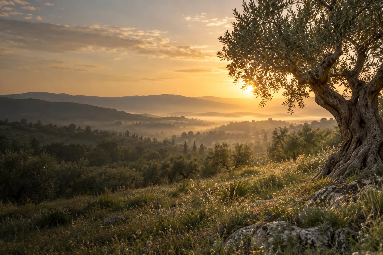 Morning light over a quiet olive grove and rolling hills