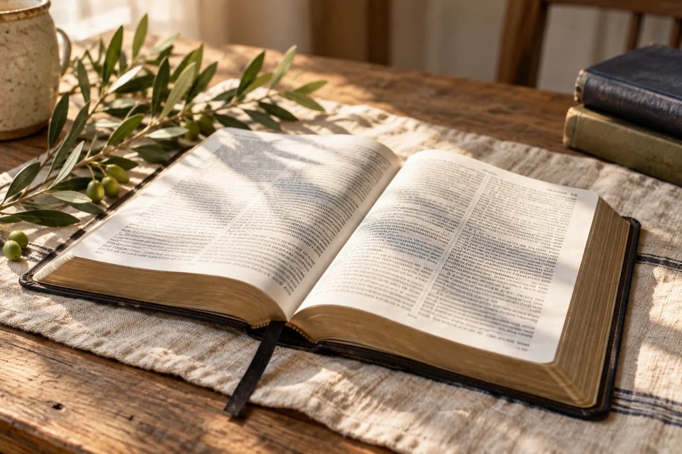 An open Bible with an olive sprig on a sunlit table